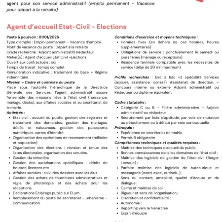 Recrutement Agent d'accueil Etat Civil