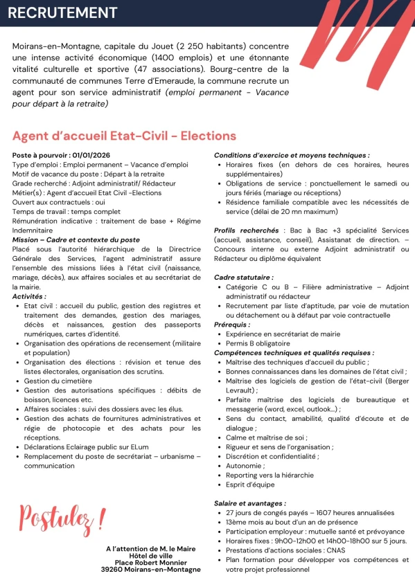 Recrutement Agent d'accueil Etat Civil